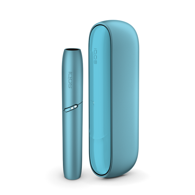 IQOS Originals Duo heated tobacco device (holder and pocket charger) in turquoise color.