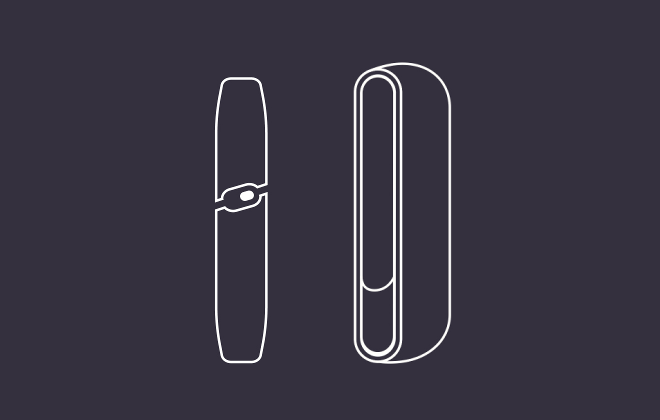 Stylized IQOS Original Duo holder, pocket charger and heet stick.